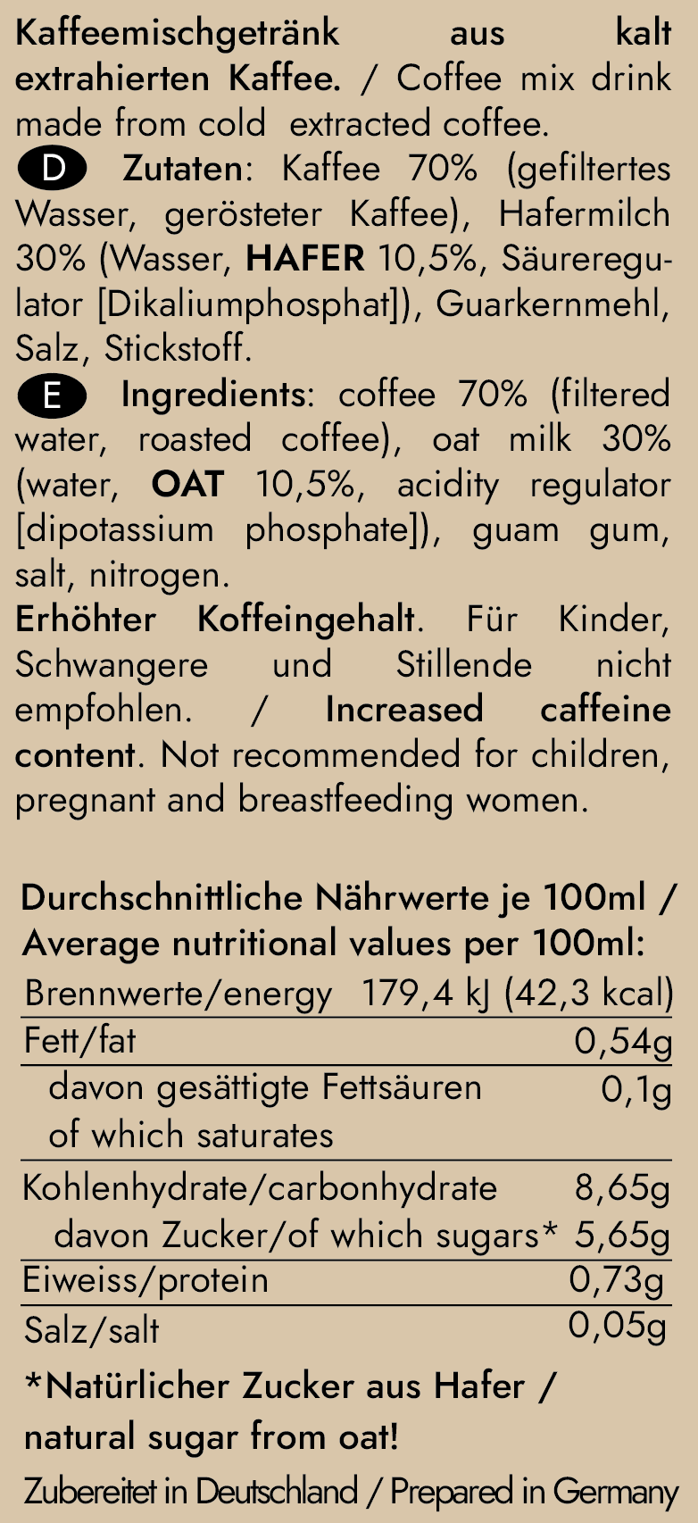 Nährwerte des Cold Brew Kaffee OAT MILK LATTE