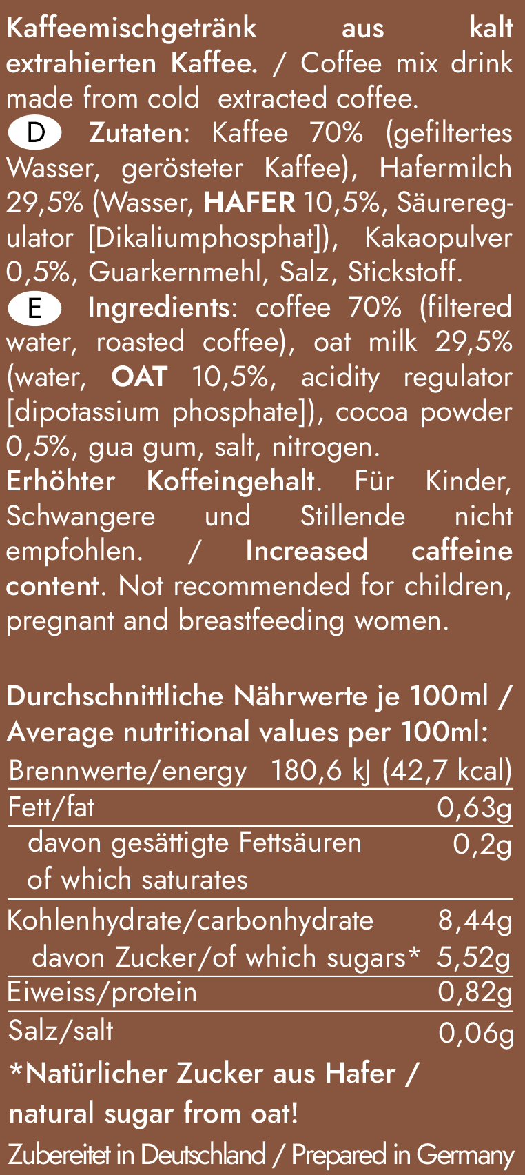 Nährwerte des Cold Brew Kaffee OAT MILK MOCCA