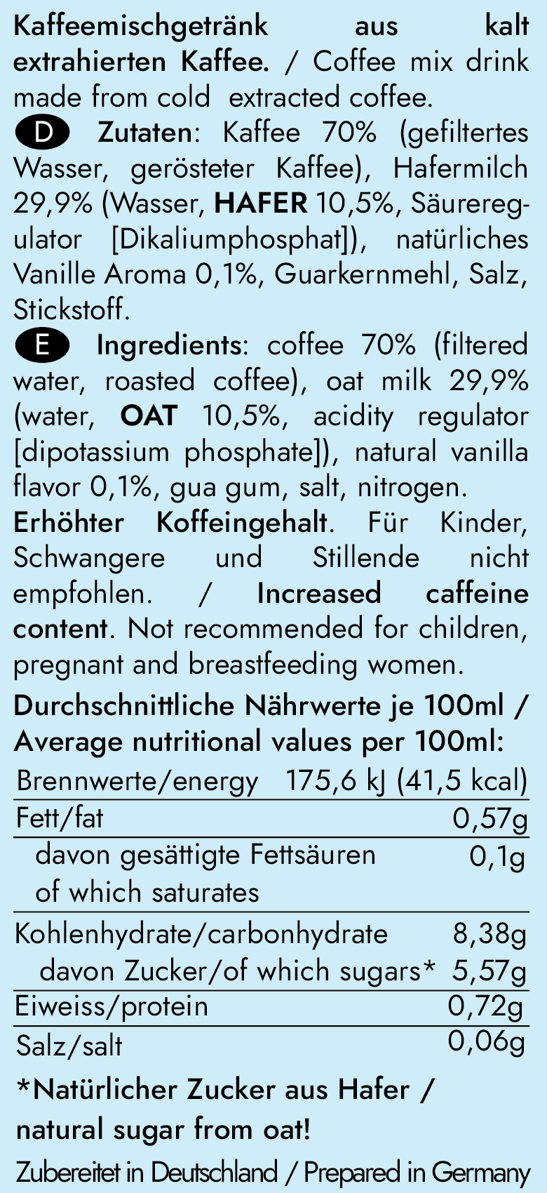 Nährwerte des Cold Brew Kaffee OAT MILK VANILLA