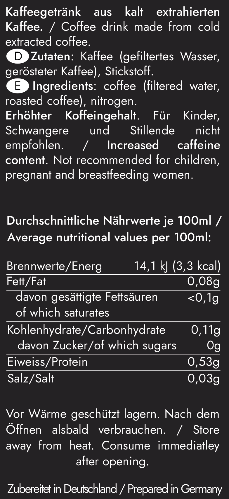 Nährwerte des Cold Brew Kaffee ORIGINAL BLACK